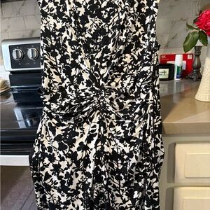 White House Black Market Black & White Floral Midi Dress with Front Twist